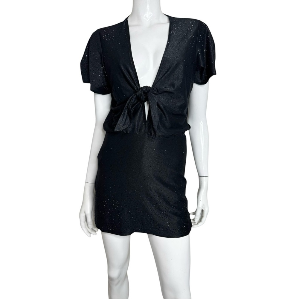 Pit Bull‎ Black Shimmer Tie-Front Puff Short Sleeve Skort Romper